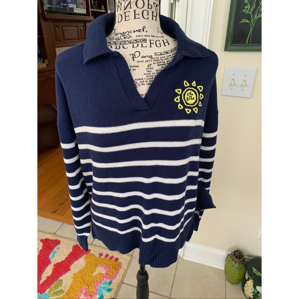 Life Is Good Navy Striped Sweater with Sun Design